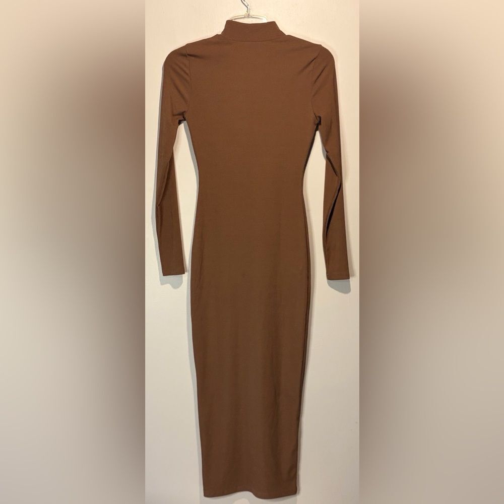 Princess Polly Brown Bodycon Ribbed Long Sleeve Mock Neck Dress- Size 4 - Picture 2 of 6